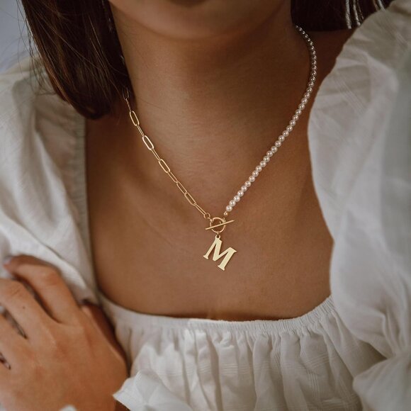 Pearl Initial Necklace Women Dainty Slip-on Paperclip Link Choker Jewelry - Picture 2 of 7